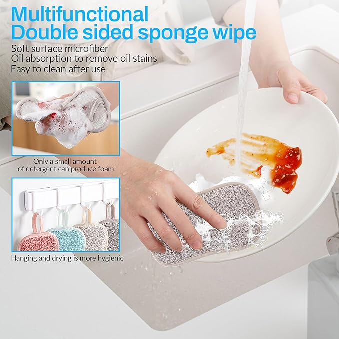 10 Pack Reusable Double-Side Microfiber Kitchen sponges,Scrubber Sponge Scouring Pads Dish Sponge Kitchen Cleaning Dishes and Pots (Beige)
