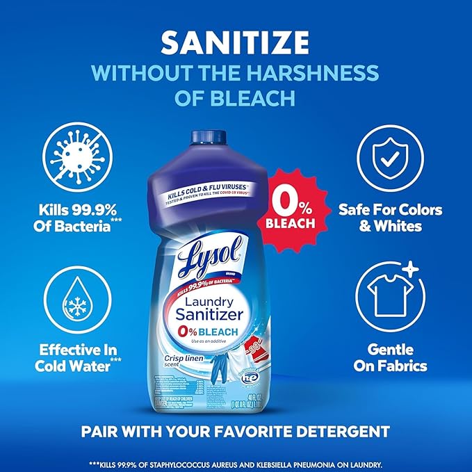 Lysol Disinfectant Laundry Sanitizer, Laundry Detergent Additive, Color Safe Bleach Alternative, Laundry Odor Eliminator, Kills Bacteria & Viruses, Crisp Linen Scent, 40 fl oz (pack of 4)