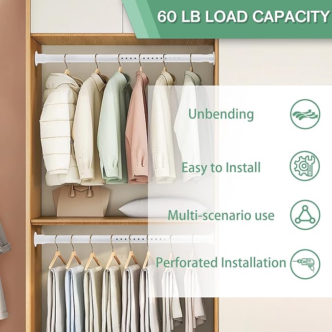 Closet Rods for Hanging Clothes, 1.3 Inch Diameter Heavy Duty Closet Rod 17-87 Inch Adjustable Clothes Hanging Bar Matte White Shower Curtain Rods for Closet, Wardrobes, Bathroom, Windows