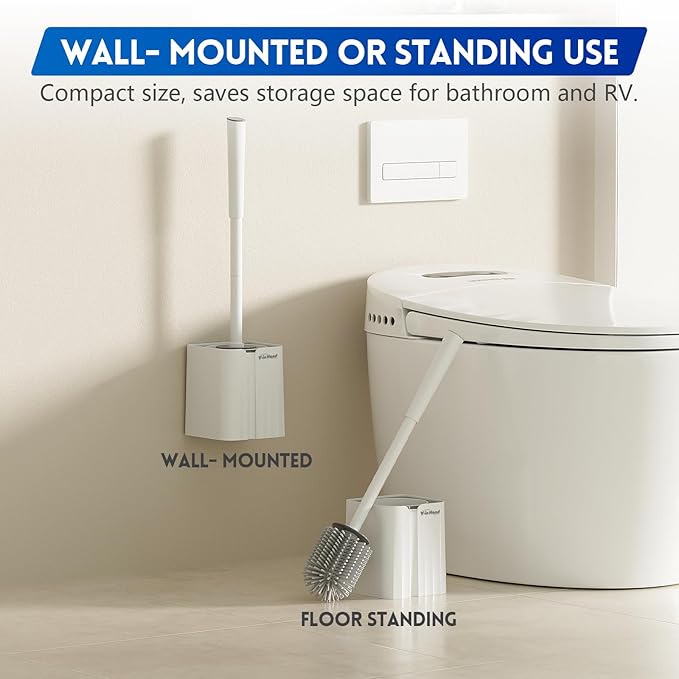 Toilet Brush and Holder Set, Silicone Toilet Bowl Brush, Bathroom Accessories, Durable Toilet Scrubber Bristles, Compact Size for RV, Wall Mountable, Drip-Proof, Deep Cleaning. (White)