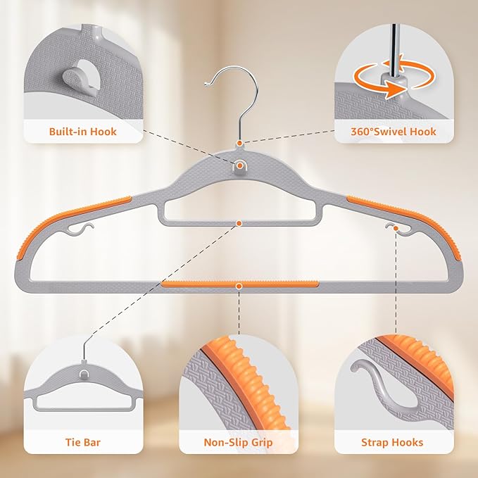 Yolife Cascading Plastic Clothes Hangers 10 Pack with Inner Hook for Vertical Storage, Slim Space Saving Hangers with Non-Slip Pads, 360° Swivel Metal Hook, Versatile, Gray & Orange
