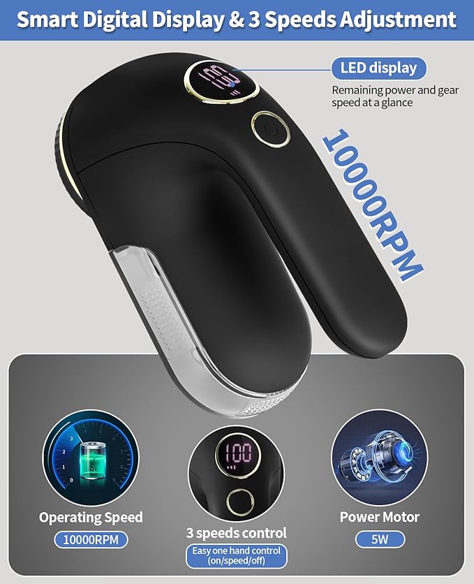 Fabric Shaver, Electric Lint Remover Rechargeable with LED Display, 6-Leaves Blades, 3-Speeds Adjustment, Sweater Shaver to Remove Fuzz, Lint, Pills for Clothes and Furniture, Black