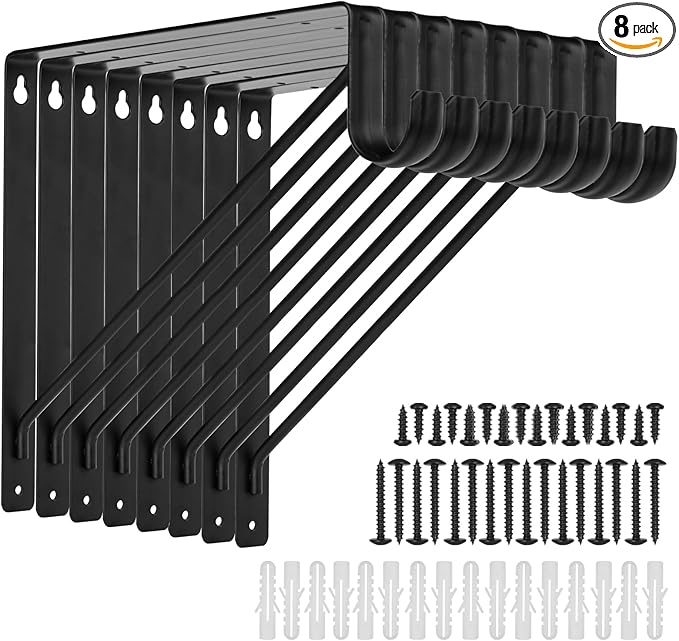 8 Pack Heavy Duty Closet Shelf & Rod Brackets 11 x 11 Inch, 300lbs Closet Shelf Bracket with Rod Holder for Home and Closet Decor, Wall Mount Closet Pole Support Bracket with Screws, Black