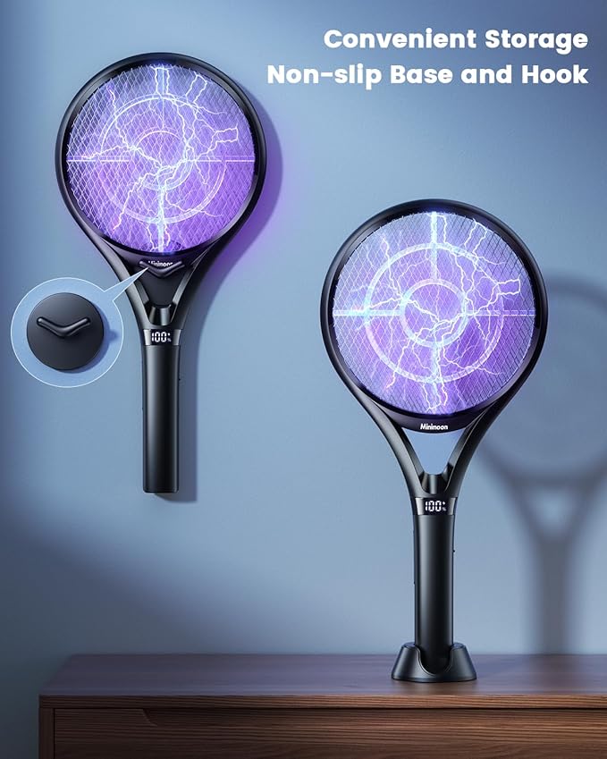 Minimoon 2Pack Electric Fly Swatter with LED Display, 2000mAh Rechargeable Fly Swatter Racket, 2500V Bug Zapper Racket Dual Modes, Mosquito Killer Lamp with 3 Layers Safety Mesh for Indoor Outdoor