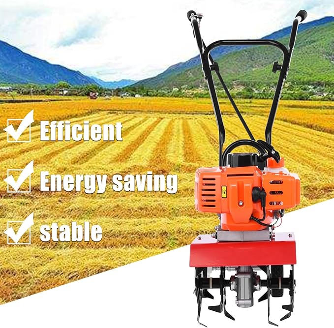 Garden Tiller,Gas Powered Rototiller 52cc 2 Stroke Tiller Cultivator Petrol Mini Mantis Tiller 7.8-Inch Width 6-Inch Depth Lawn Tools with 1.2L Fuel Tank for Soil Digging Weed Removal 9000RPM Orange