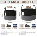 JMvicyroam 115L Extra Large Blanket Basket for Living Room - Woven Cotton Rope Laundry Hamper with Reinforced Handles - Storage Bin for Pillows, Comforters & Toys - Machine Washable, Black&Grey