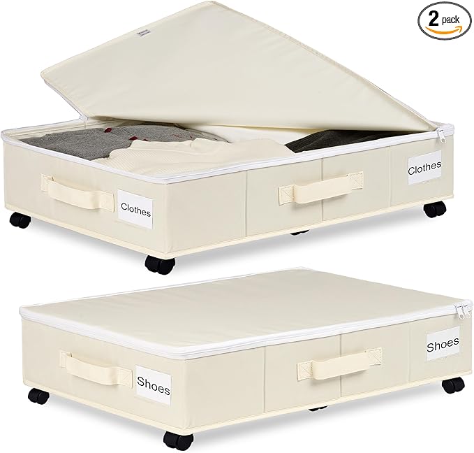 Vincona Under Bed Storage with Wheels, 2 Pack Under Bed Storage Containers with Label Holders for Clothes, Shoes and Blankets, Rolling Underbed Shoe Organizer with Cover, Beige (30.71x15.7x7.28 in)