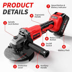 Cordless Angle Grinder 4-1/2 inch, 3-Speed Adjustable, 10000 RPM Electric Angle Grinder Portable with 2*4.0Ah Batteries & 3 Wheels, Battery Powered Grinder Tool Kit for Wood/Metal/PVC Cutting