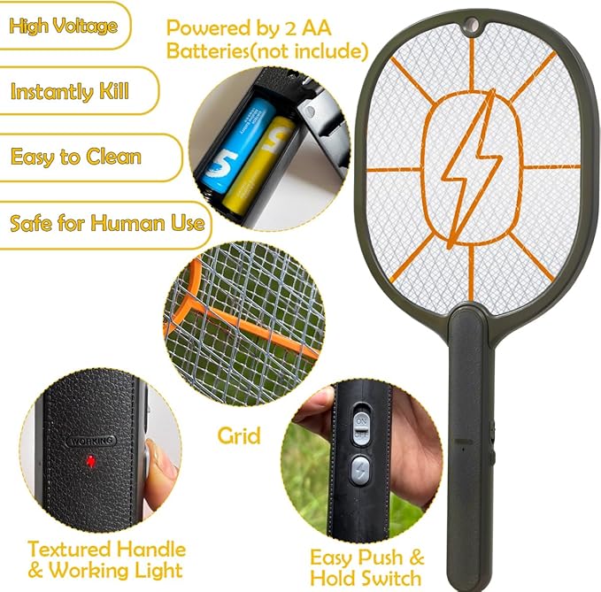 2 Pack Electric Fly Swatter 3000V Battery Powered Handheld Bug Zapper Racket 3-Layer Protection Grid Mosquito Zapper for Home Bedroom Kitchen Office Backyard Patio Indoor Outdoor