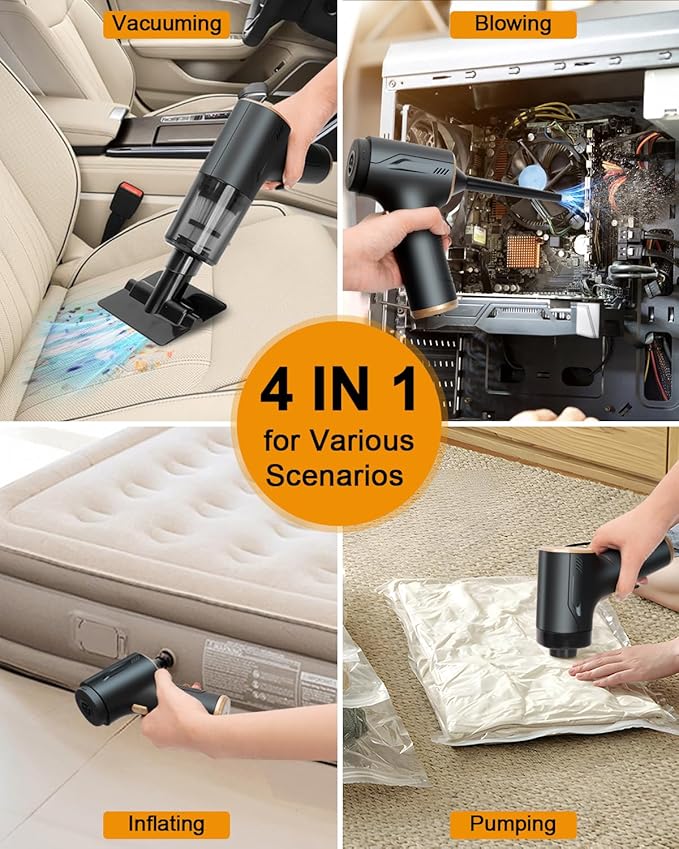 4 in 1 Handheld Vacuum Cordless, 20000PA High Power Car Hand Vacuum Cleaner, Mini Portable Brushless Motor Dust Busters Cordless Rechargeable with Multi Accessories for Home, Office, Pet (Black)