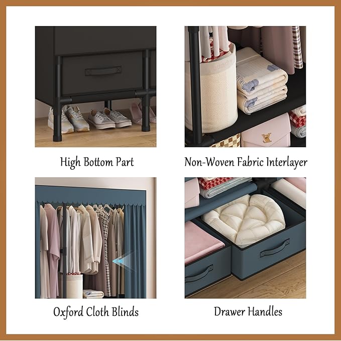 Portable Closet,Garment Rack,Heavy Duty Clothes Rack with Cover,Wardrobe Closet with 2 Hanging Rods, 6 Storage Shelves,43.3" L x 17.7" W x 67.7" H,Black