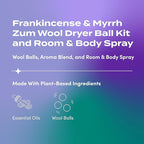 Zum Wool Dryer Balls Kit Plus Zum Mist - 3 Wool Balls with Essential Oil Blend & Room & Body Mist - Frankincense & Myrrh