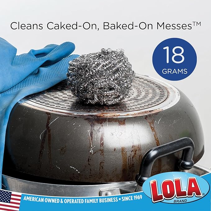 Stainless Steel Wool Scouring Pad, 2 Pack, by LOLA Brand, 18 Grams - Curled Flat Wire, Cleans Caked On & Baked On Messes on Cookware