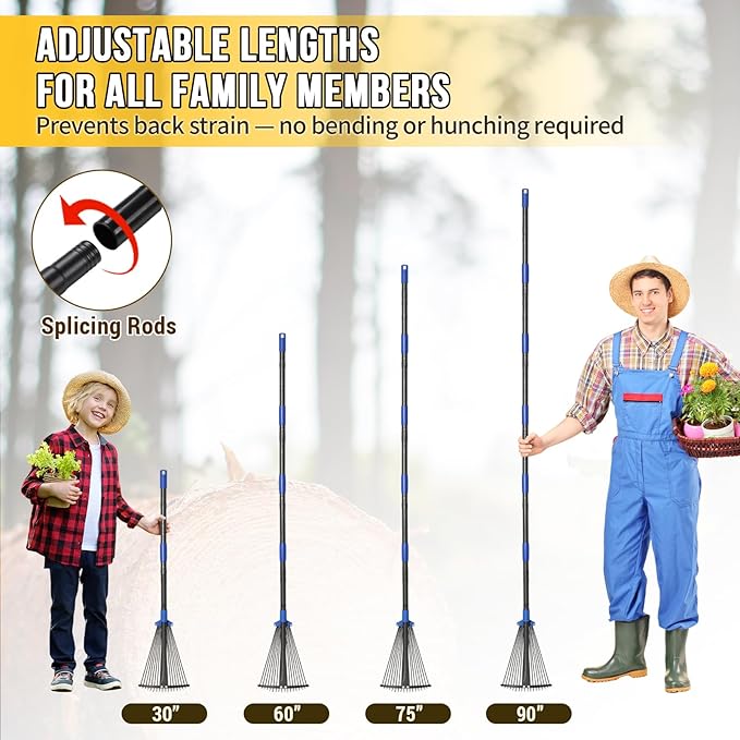 Adjustable Leaf Rake, Heavy Duty Metal Rake for Leaves, Long Handle 30"-90" with Expandable Head 8"-17", Collapsible Small Rakes for Lawns, Gardening, Yard, Camping, Shrub, Grass, Bush, Weed, Debris