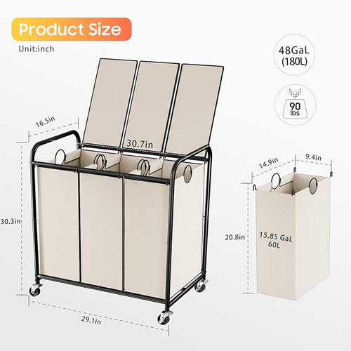 180L (47.55 Gal) Laundry Sorter 3 Section, Rolling Laundry Basket with Lockable Wheels and Lid, Laundry Hamper with 3 Separated Removable Bags Dirty Clothes Hamper for Laundry Room Organizer, White