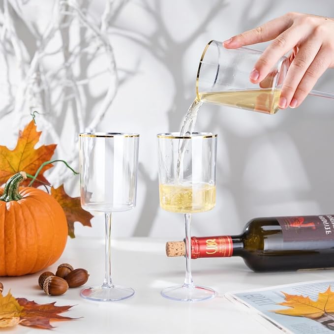 Ciaell 12 Pack Plastic Wine Glasses - 10 Oz Plastic Wine Glasses with Stem - Gold Rim Disposable Cups for Parties & Weddings & Poolside & Toasting & Outdoors & Thanksgiving