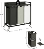 Herture Laundry Hampers with Shelf, Laundry Basket 3 Section, Laundry Sorter with Pull-Out Removable Large 3 Color Bags and Movable Wheels, Metal Frame, 3 x 15.87 Gallons (60L), Black PF04XLK