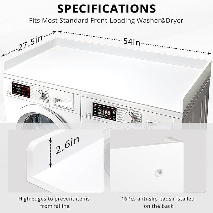 Gashell Washer Dryer Countertop, 27.5" x 54" Bamboo Washer and Dryer Countertop for Laundry Room Organization(White)