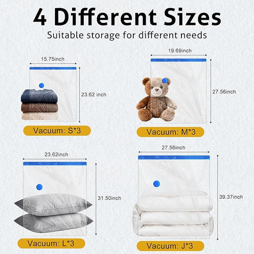 12 Pack Travel Vacuum Storage Bags 4 Size(24/28/32/40 Inch), Portable Vacuum Seal Bags for Clothing Travel with Pump, Space Saver Bag for Luggage Suitcases Clothes Bedding Seasonal Storage