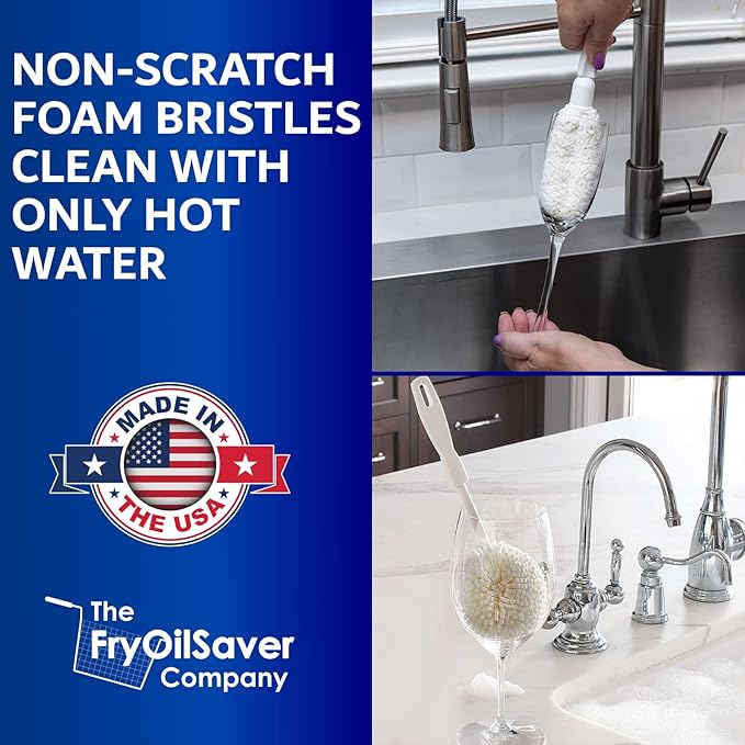 Set of 2 Crystal Stemware & Goblet Glass Cleaning Brush Kit - Non-Scratch Foam Wine Glass Brushes for Washing Glasses, Decanter, Mug, Stemware - for Home, Restaurant, Bar, Hotel - by FryOilSaver Co.