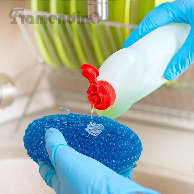 Framendino, 30 Pack Dish Scrub Brush Nylon Scouring Pads Assorted Colors Round Plastic Scrubbers Mesh Scourers Poly for Kitchen