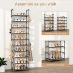 VTRIN 10 Tiers Tall Shoe Rack Holds 20-25 Pairs of Shoes Sturdy Vertical Shoe Organizer with 18pcs Hooks Stackable Narrow Shoe Rack for Closet, Entryway Grey