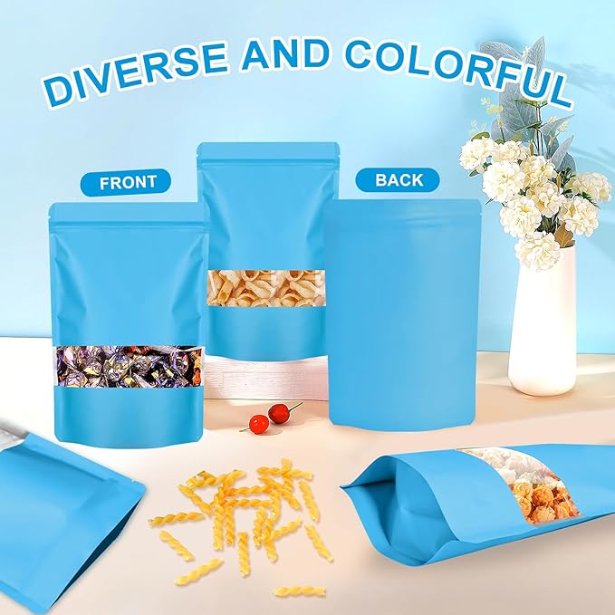100PCS Mylar Bags for Food Storage, Smell Proof Bags Resealable Food Packaging for Small Business Stand Up Pouches with Window, 7.9" x11.8", Blue