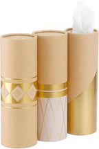Car Tissue Holder with 3-ply Facial Tissues Bulk Gold Foil Car Tissues Cylinder, Tissue Holder for Car, Travel Tissues for Car Cup Holder, Refill Car Tissue Box Round Container Kraft (3PK)