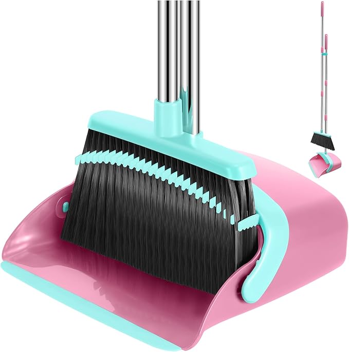 Broom and Dustpan Set, 52-in Long Adjustable Handle Broom Dustpan Combo with Dust pan Teeth to Automatically Clean Hair Suitable for Home Kitchen Office Hall Floor（Pink&Blue）