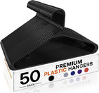 HOUSE DAY Black Plastic Hangers 50 Pack, Plastic Clothes Hangers with Built-in Hooks, Durable and Strong Plastic Coat Hangers for Closet, Space Saving Clothing Hanger for Shirts, Coats, Skirt, Dress
