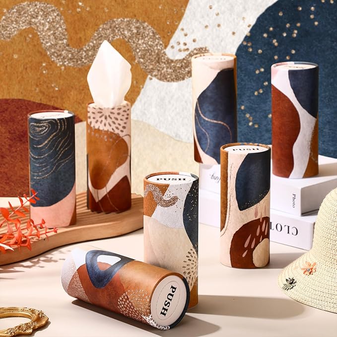 Outus 12 Pcs Car Tissues Cylinder Holder with 3 Ply Facial Tissue Bulk Black White Round Tissue Holder Travel Tissues Boxes Container for Car Cup Wedding Birthday Party(Boho 2)