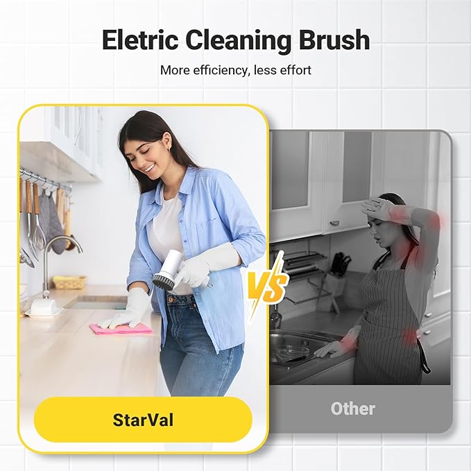 StarVal Electric Spin Scrubber, 2000 mAh Cordless Power Scrubber with 4 Replaceable Heads, 2 Speeds Portable Scrubber for Cleaning Sink/Stove/Corner/Tile/Grout/Bowl (White)