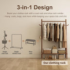 Muwuele Solid Wood Clothing Rack, Rolling Clothes Rack for Hanging Clothes, Garment Rack with Shelves Load 350 Lbs, Portable Closet Organizer on Wheels for Hanging Clothes (Walnut)