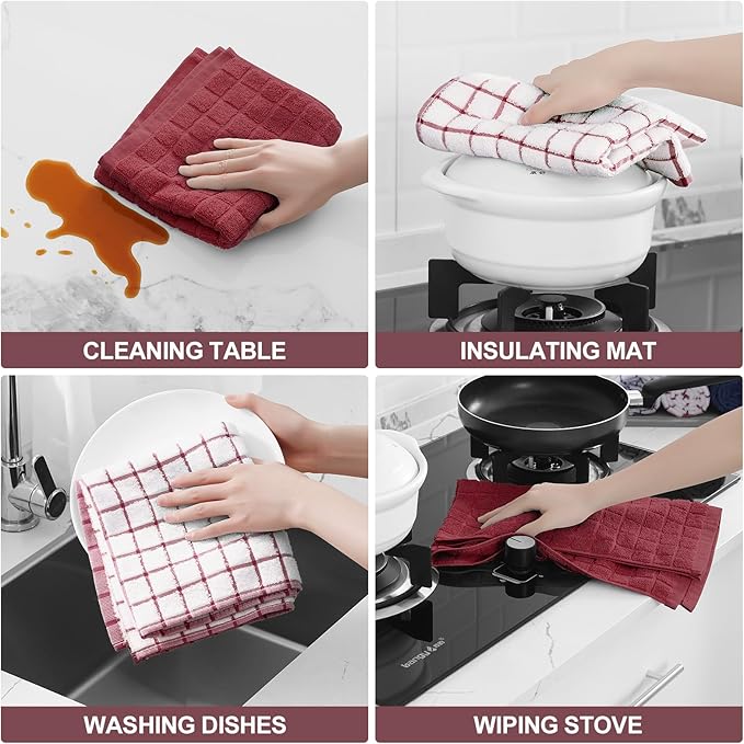 Homaxy Premium Cotton Kitchen Towels 16"x 28", Large Natural Ring Spun 390 GSM Dish Towels, Super Absorbent Terry Kitchen Hand Towels, Soft Tea Towel with Hanging Loop, Red Check Design,8 Pack
