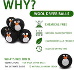Pack of 6 Wool Dryer Balls, Muulaii Reusable Fabric Softener, Extra Large, Black Penguin