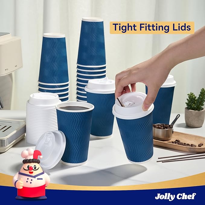 JOLLY CHEF 16oz Coffee Cups with Lids, 80 Pack Disposable Hot Paper Coffee Cups with Lids and Stirrers, Ideal for Travel, Office, Home, Cafe