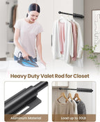 Supforce Valet Rod for Closet Pull Out, Retractable Slide Out Valet Rod Closet Organization, 12" Aluminum Valet Clothing Hanger Rods Perfect for Suits, Freshly Pressed Clothes, Black