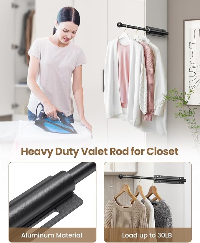 Supforce Valet Rod for Closet Pull Out, Retractable Slide Out Valet Rod Closet Organization, 12" Aluminum Valet Clothing Hanger Rods Perfect for Suits, Freshly Pressed Clothes, Black