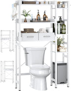 Besiost Over The Toilet Storage with 2 Drawers - 7 Tier Bathroom Organizer with Adjustable Shelf, Freestanding Space Saver Storage Rack Above Toilet Stand with 4 Hooks for Restroom, Laundry, White