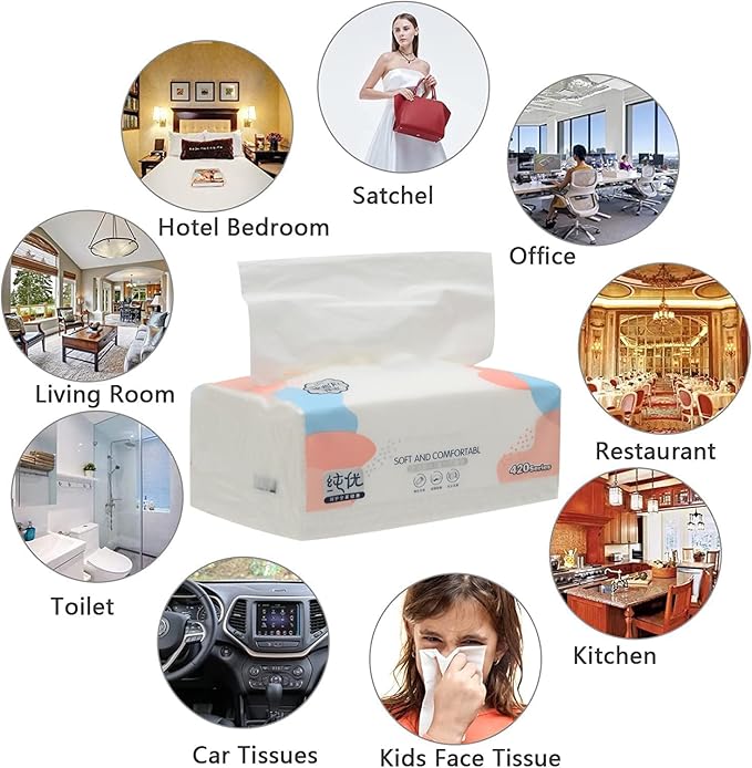 Small Soft Facial Tissues, Toilet Paper, Disposable Facial Napkins, Bag Cover NOT In Box, Material Wood Pulp Fiber NOT COTTON, 4-Ply, 8 Packs, 380 Sheets per Pack