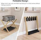 Smuxee Natural Bamboo Luggage Rack Pack of 2, Foldable Suitcase Stand with Storage Shelf, Easily Assembled Luggage Stand with 5 Nylon Straps for Guest Room Bedroom Hotel