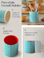 DOWAN Colorful Large Utensil Holder, 7.2" x 6.2" Ceramic Kitchen Utensil Holder for Countertop, Vibrant Patterned Utensil Crock with Protection Cork Mat, Utensil Caddy for Housewarming & Wedding Gift