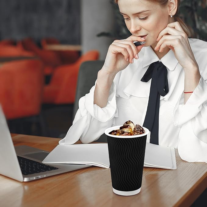 Lamosi Disposable Coffee Cups 16 OZ 90 Pack, Paper Coffee Cups 16 OZ for Hot Drinks or Cold Beverages, Insulated Corrugated Ripple Wall Cup No Lids for Office, Cafe, Home or Travel (Black)