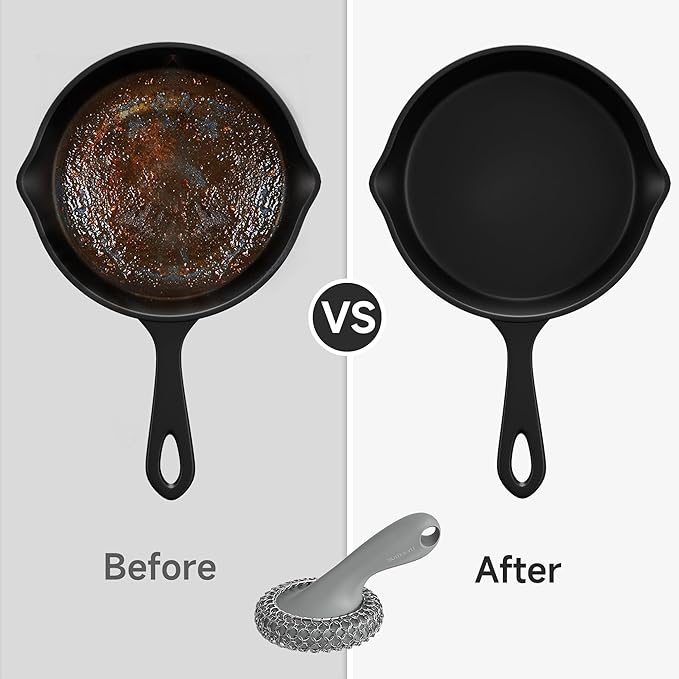 SUBEKYU Cast Iron Scrubber with Silicone Handle, Stainless Steel Skillet Cleaner for Cast Iron Pans (Gray Scrubber + Scraper)