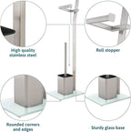 WC Set with roll Holder - White – Toilet Paper Holder - Stainless Steel – Glass Base –Dim.: 32x20x70cm– Easy Installation – Plus: 1+2 Extra Toilet Brush Heads for Exchange!