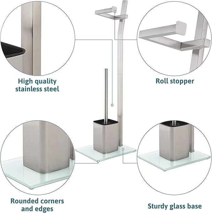 WC Set with roll Holder - White – Toilet Paper Holder - Stainless Steel – Glass Base –Dim.: 32x20x70cm– Easy Installation – Plus: 1+2 Extra Toilet Brush Heads for Exchange!