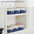 Storage Baskets for Shelves 11.8x7.9x5.2 Inch-Foldable Fabric Organizing Storage Bins with Handles, Closet & Bathroom Organizer, Home Storage for Kitchen, Office (1-Pack, White&Blue)