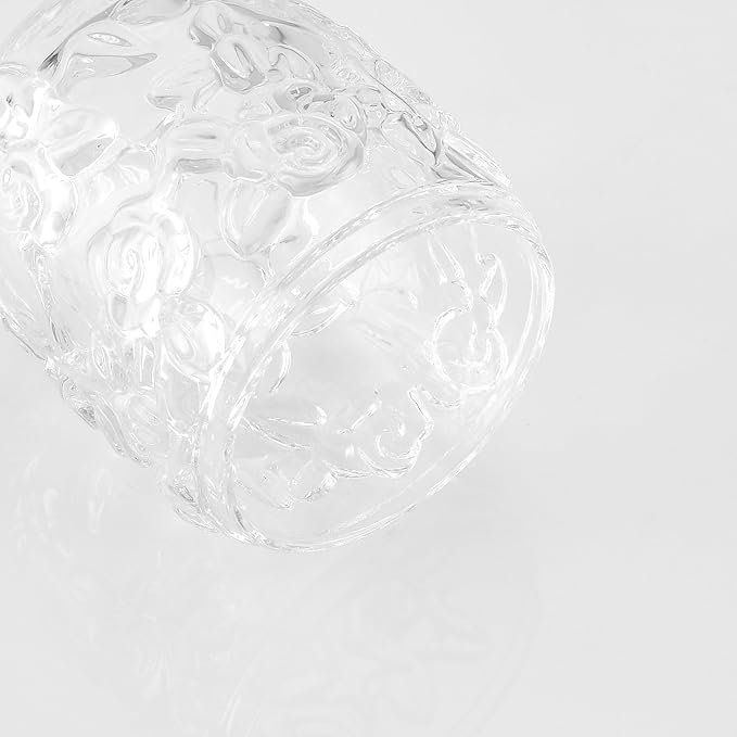 Clear Transparent Apothecary Floral Embossed Glass Jar With Silver/Chrome Metal Lid Cover for Bathroom Organization, Cotton Balls, Q Tips, and Small Accessories, Bathroom Storage