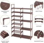 ROJASOP Shoe Rack Organizer, 8-Tier Metal Shoe Rack for Closet Entryway Garage, 26-32 Pairs Tall Shoe Boot Storage Shelf with 15 Hooks, Stackable Large Shoe Stand, Brown