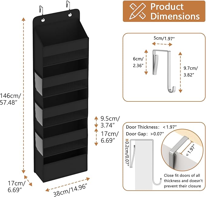 1 Pack 5-Tier Over the Door Organizer, Heavy-Duty Large Deep Pocket Hanging With 5 Large Front & 6 Side Pockets With for Pantry, Kitchen, Bathroom, Dorm, Black